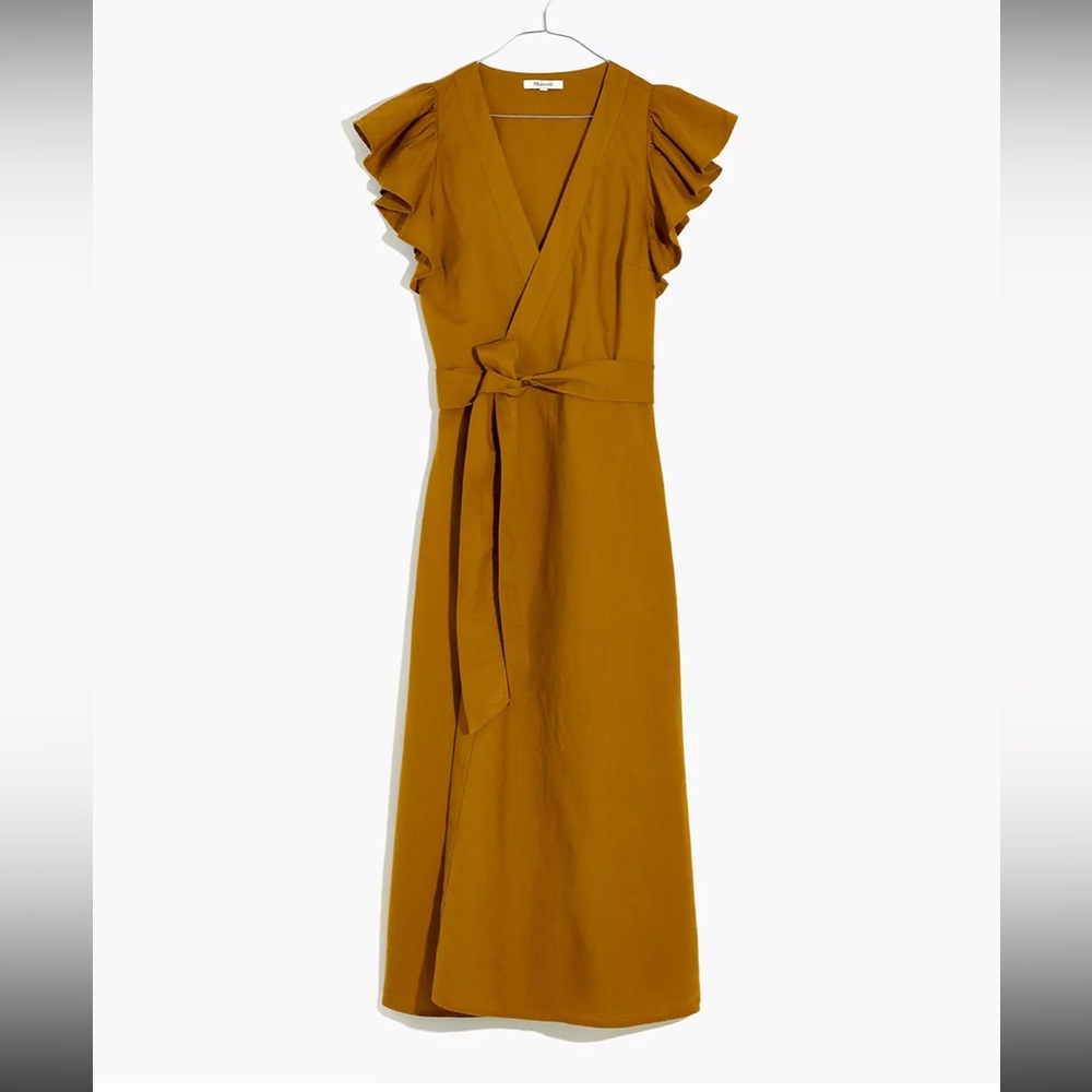 Madewell Linen Blend Ruffle Sleeve Wrap MIDI Dress Large